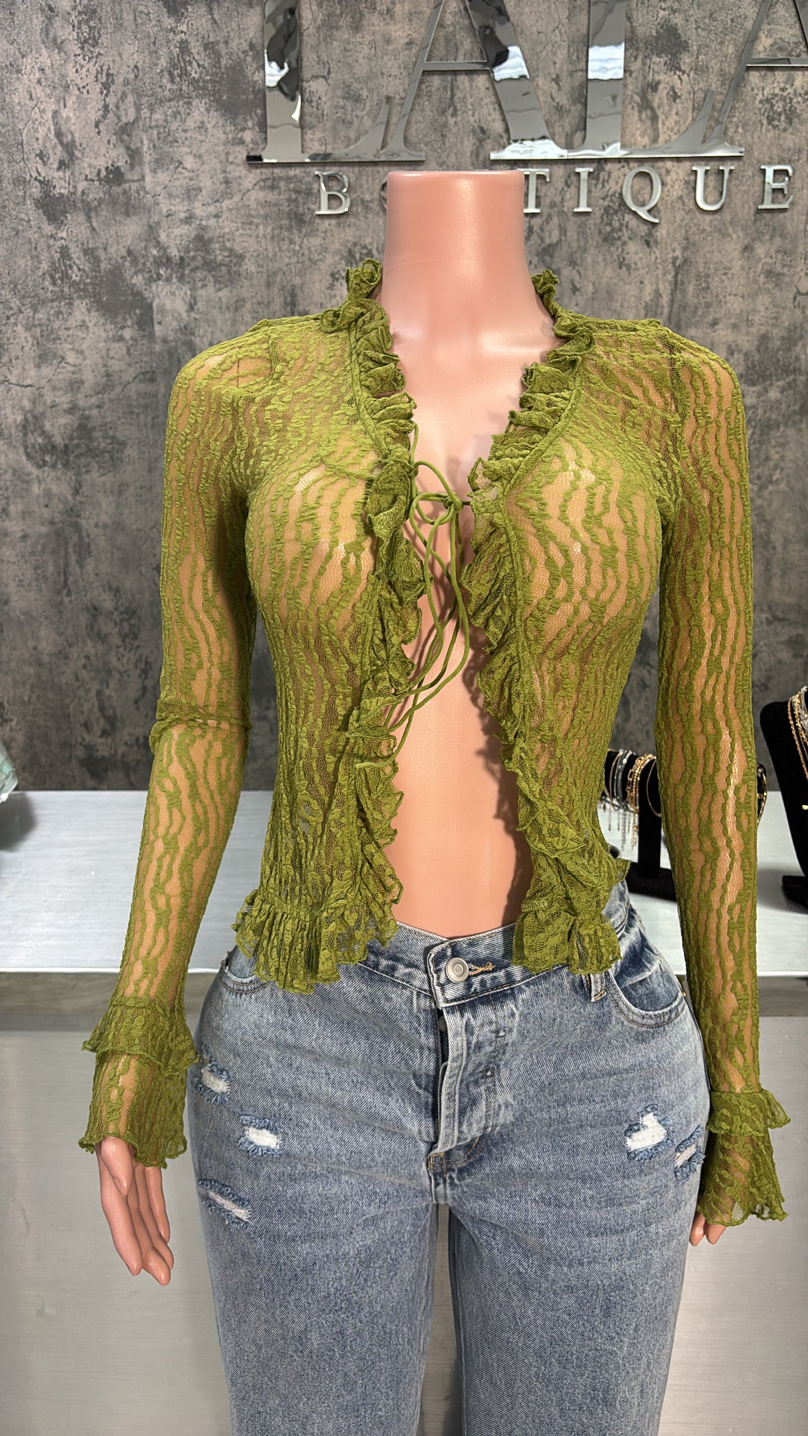 Olive Ruffle Mesh Top